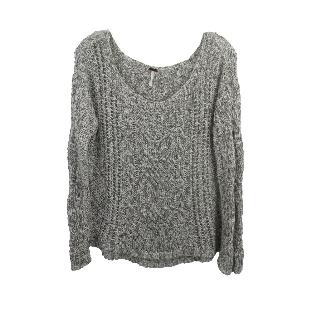 FREE PEOPLE Pullover Cable Knit Sweater Women M Gray Heather Linen Blend Preppy